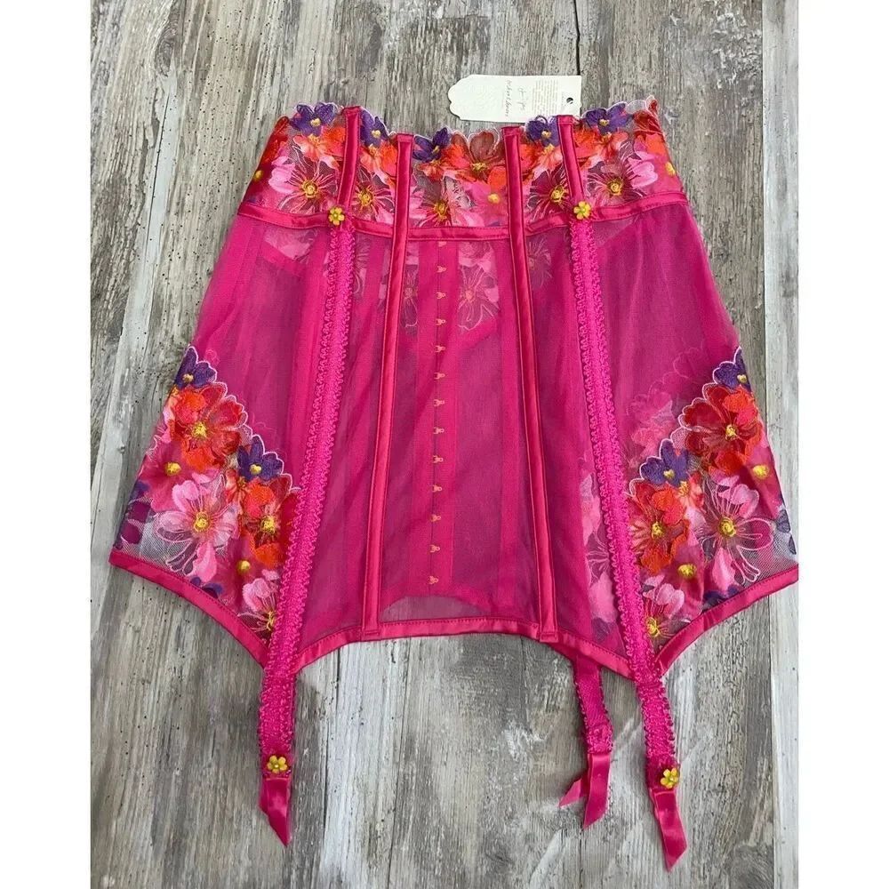 For Love & Lemons Pink Embroidered Garter Corset Skirt Lingerie Sz S